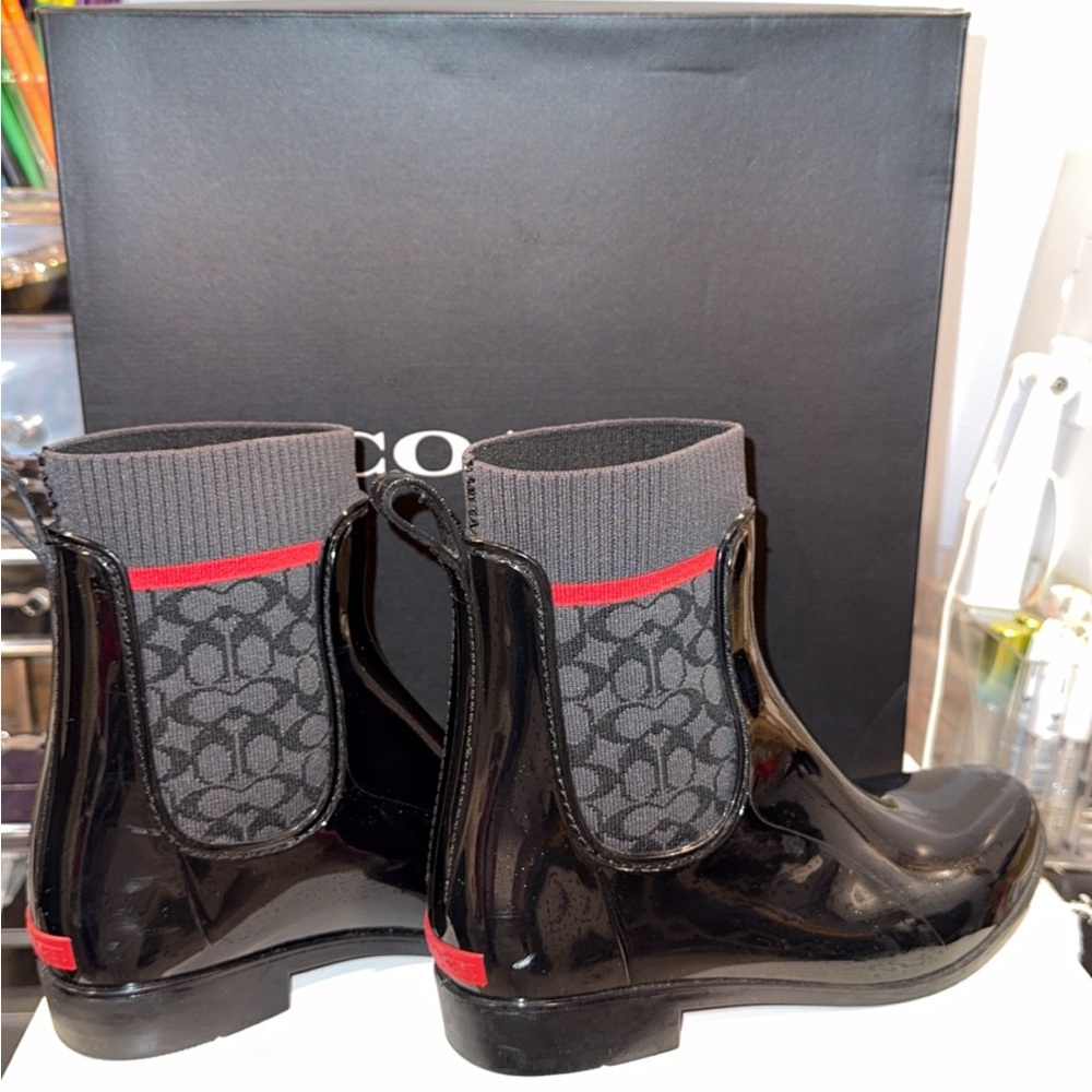 Coach Black and Gray Rain Boots with Red Accents